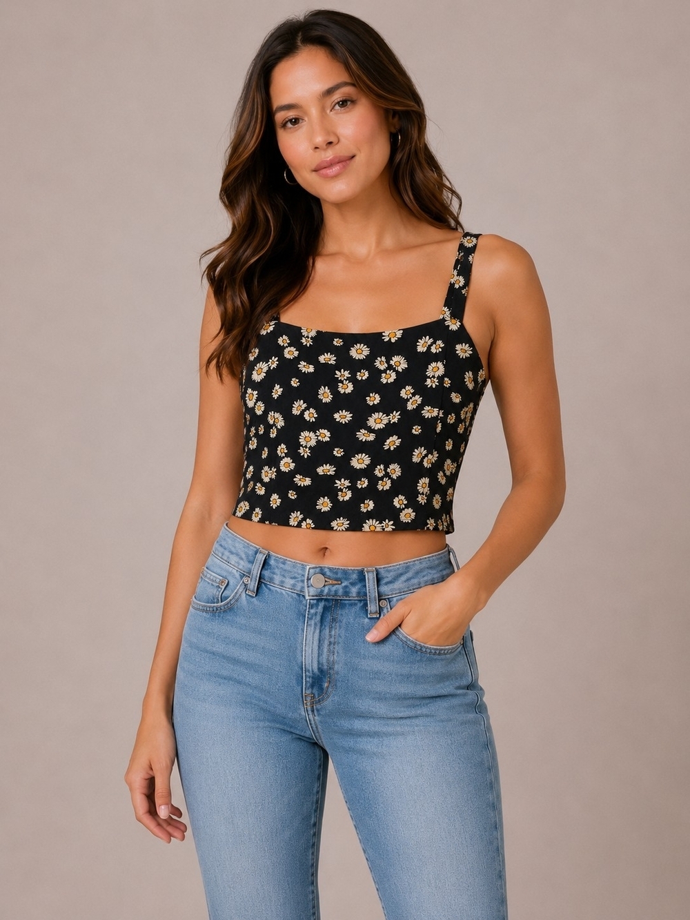 Hollister Daisy Print Tie-Back Crop Top Size XS Black Cami Y2K Summer